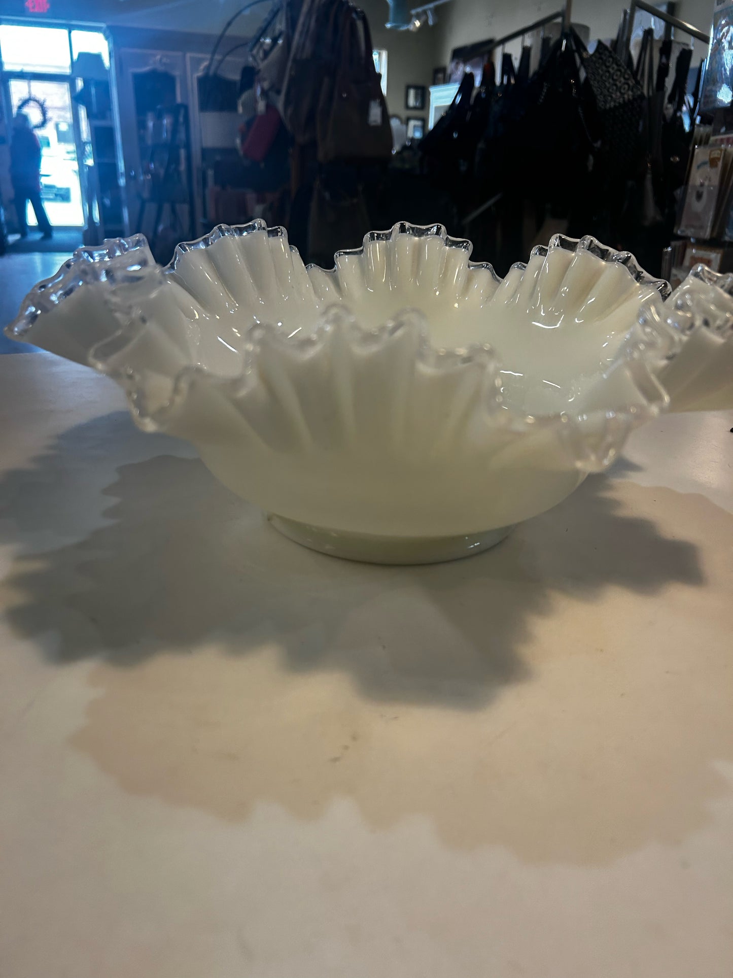 Fenton White Milk Glass Ruffled Edge Bowl
