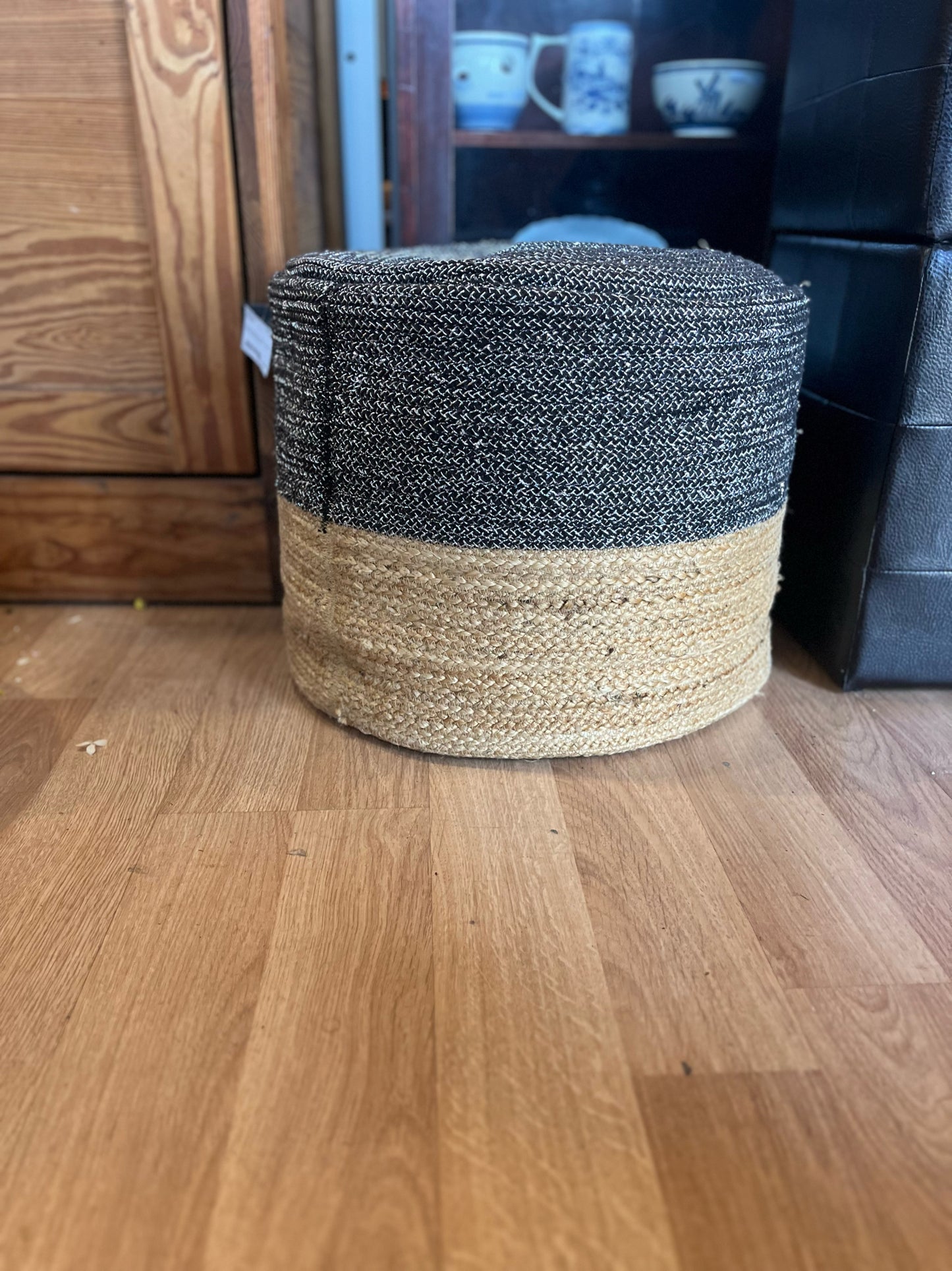 Black & Raffia Pouf Ottoman
