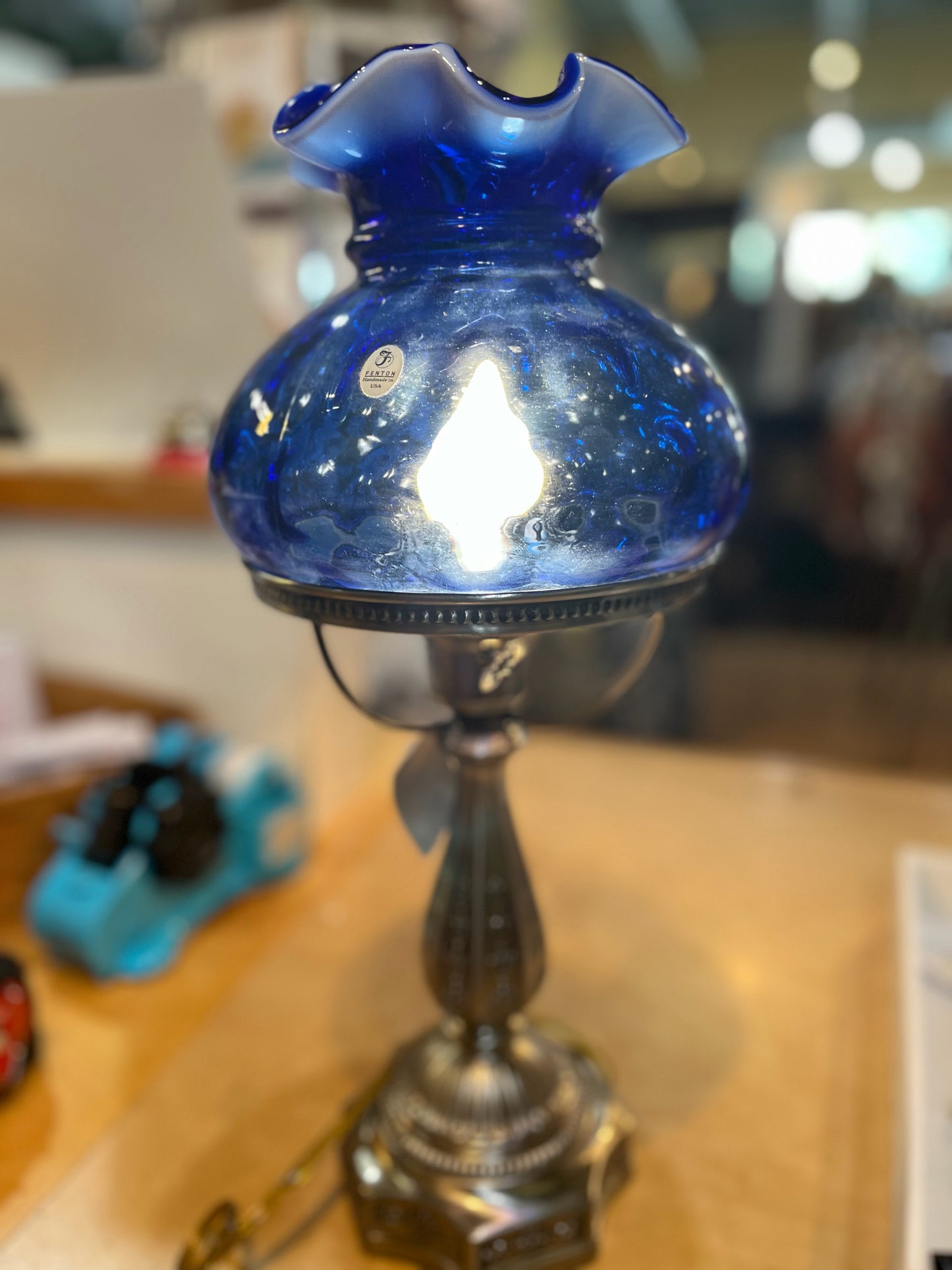 Vintage Blue Cobalt Hurricane Shade Fenton Lamp