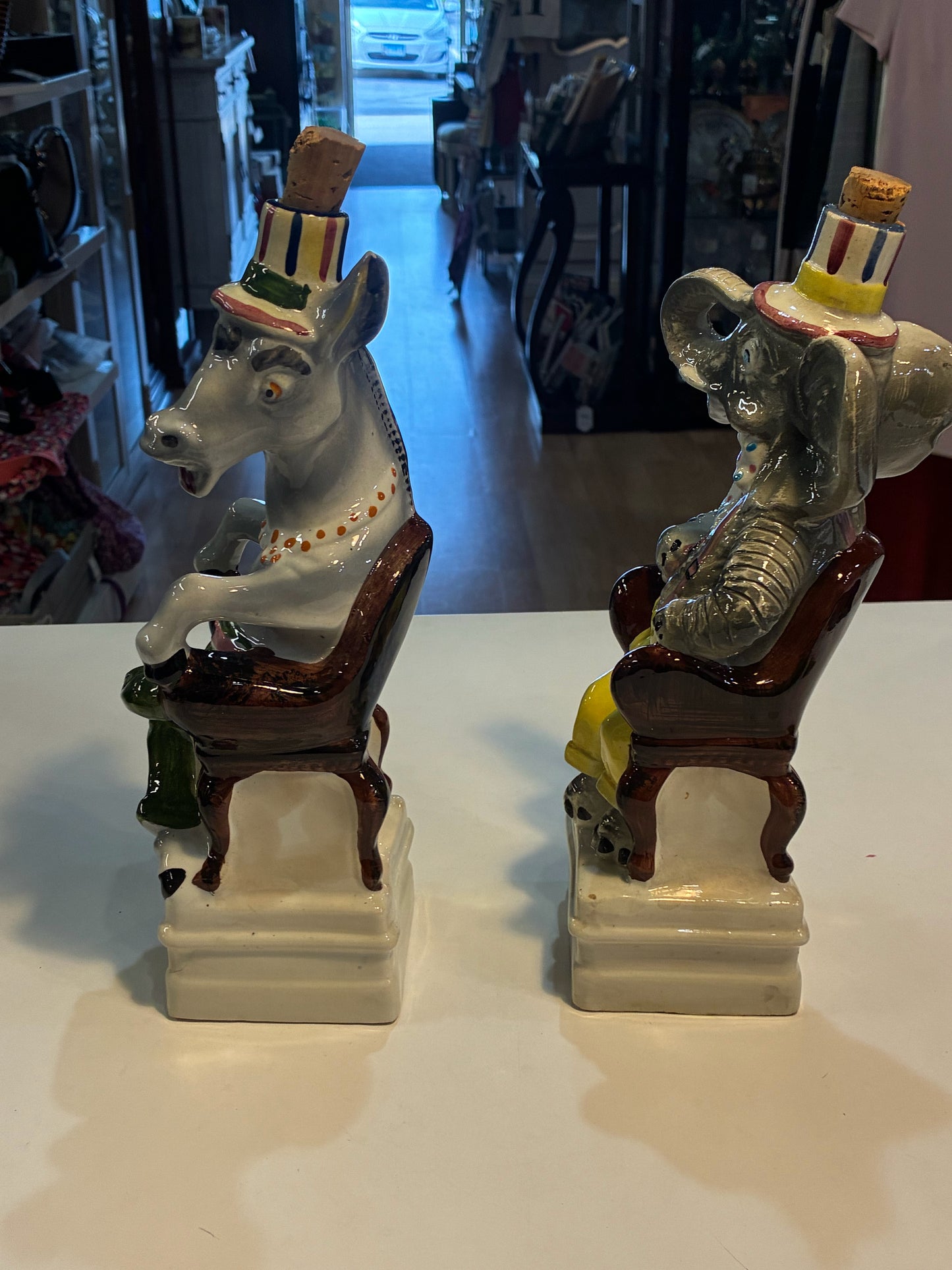 Vintage Italian Ceramic Donkey & Elephant Political Decanter Set