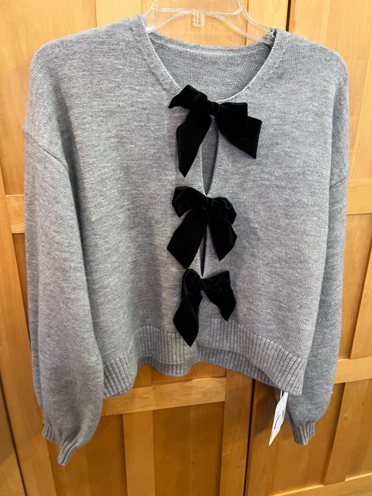 The Commense Crop Grey Cardigan with Black Velvet Bows
