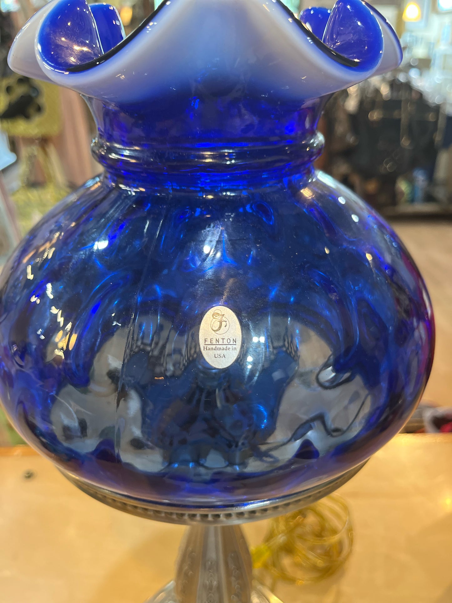 Vintage Blue Cobalt Hurricane Shade Fenton Lamp