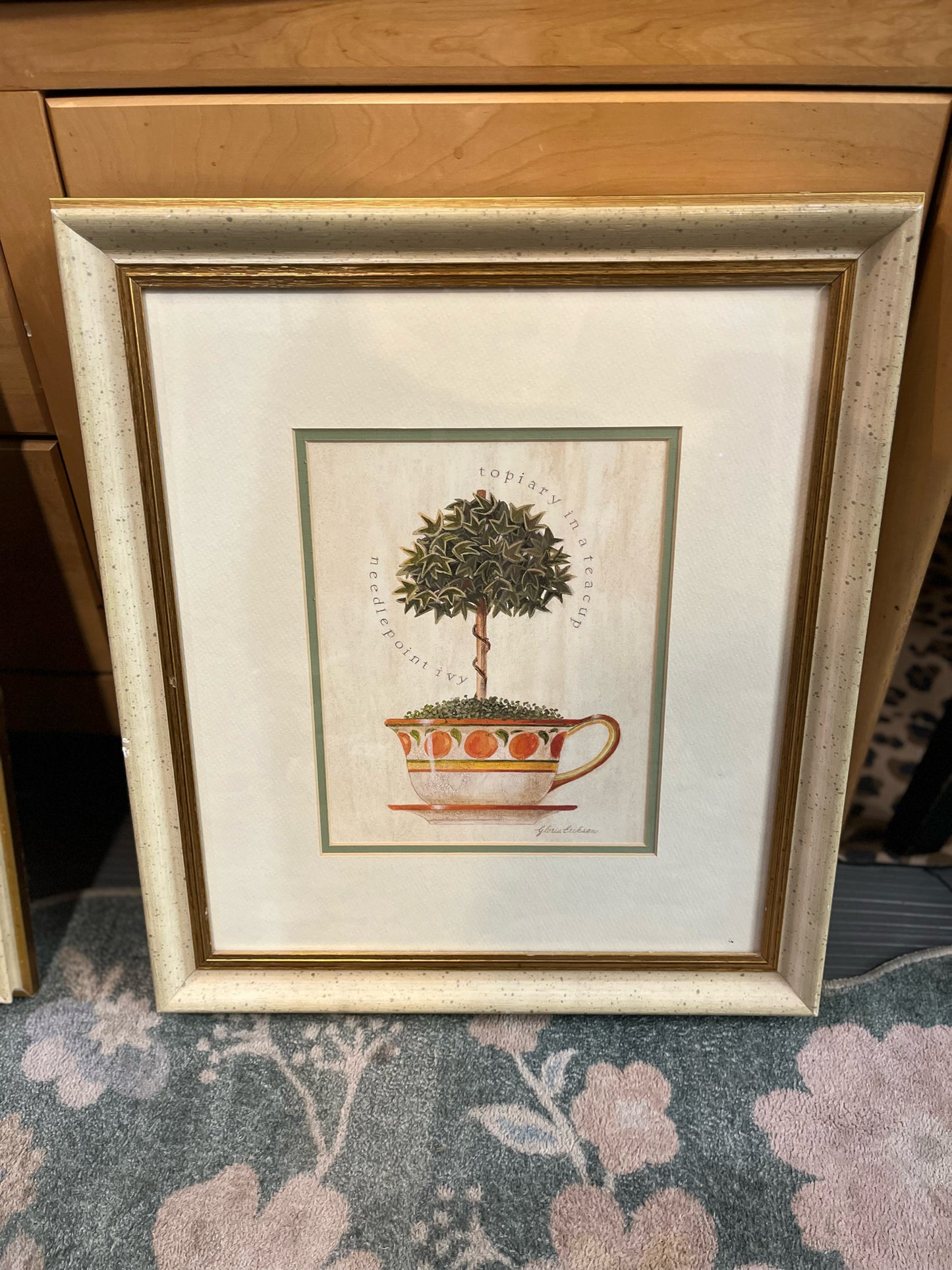 "Needlepoint Ivy Teacup" Signed Framed Art
