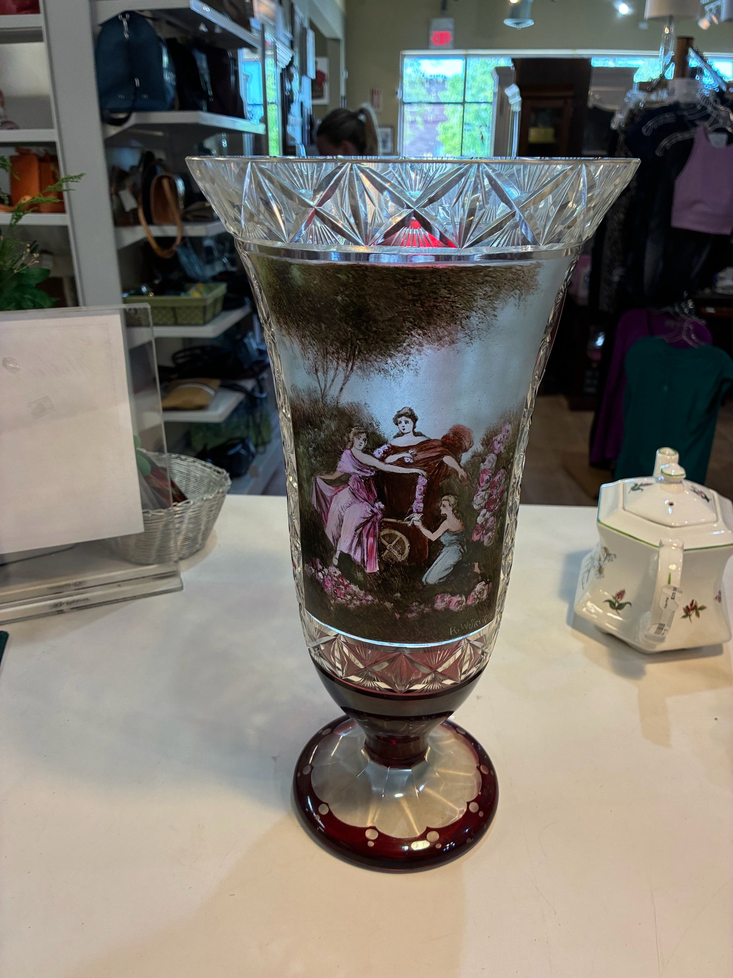 Vintage Hand Painted and Cut Czech Glass Vase, Signed