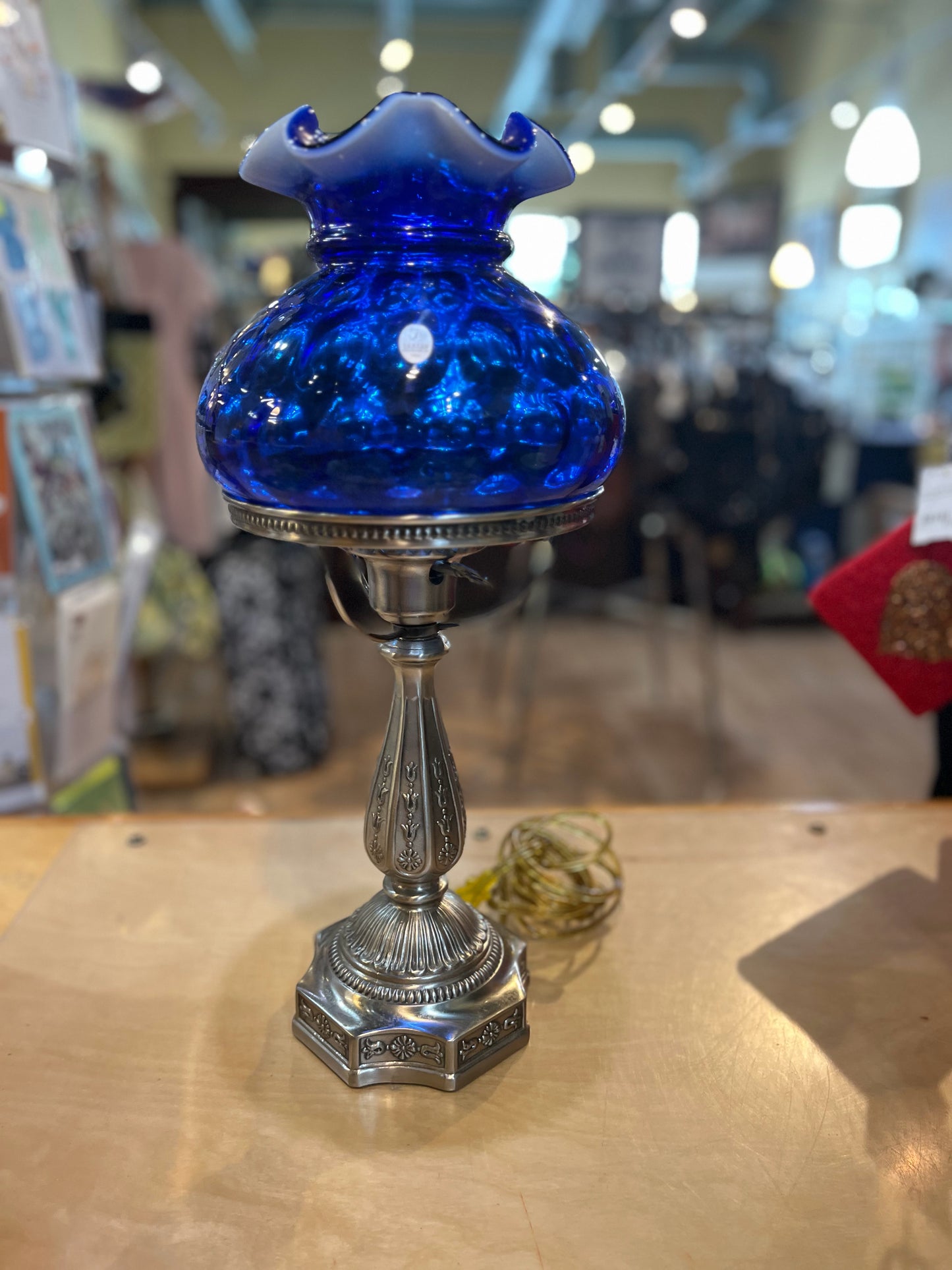 Vintage Blue Cobalt Hurricane Shade Fenton Lamp