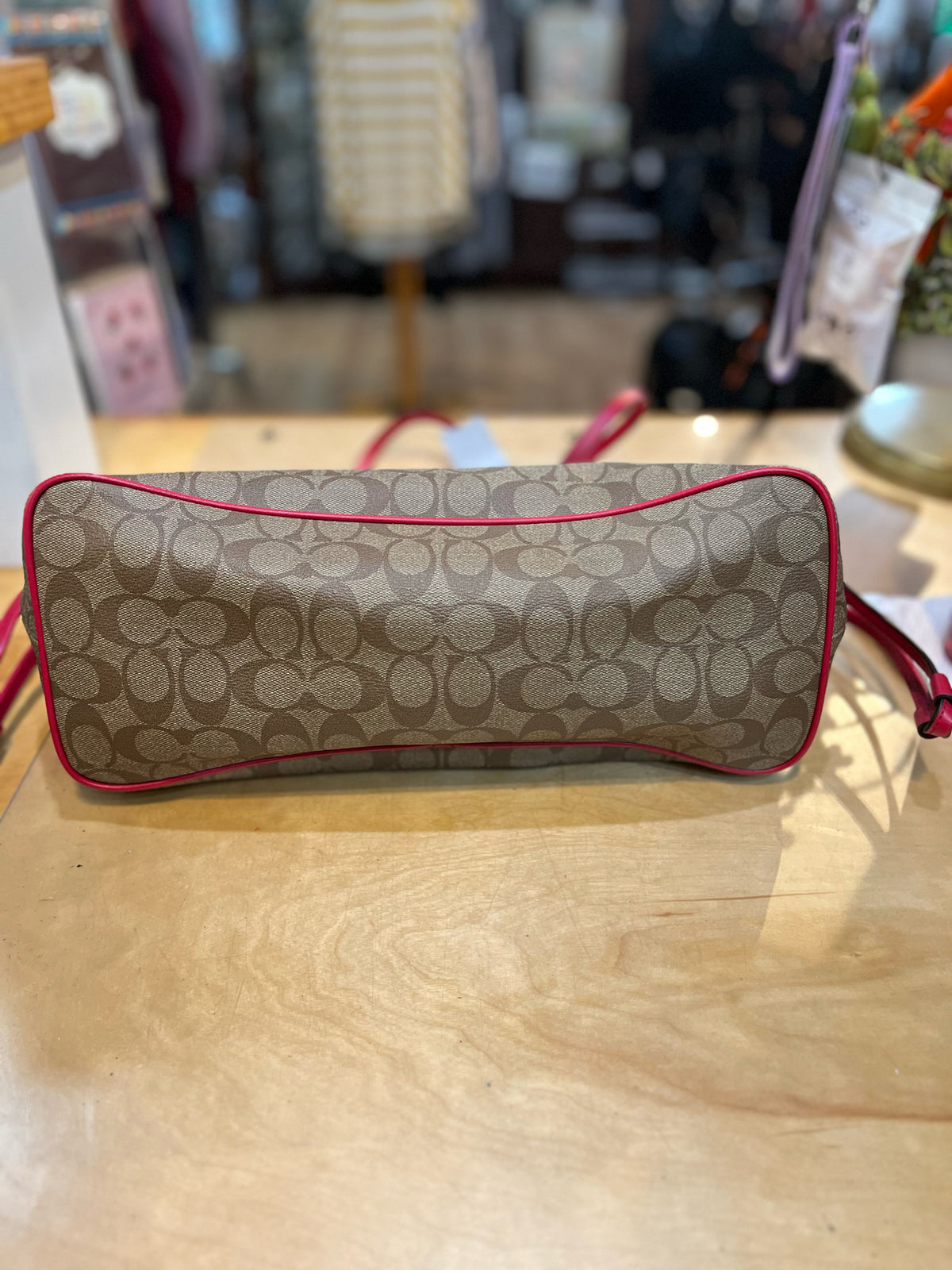Coach Brown Signature & Magenta Accent Drawstring Carryall Handbag