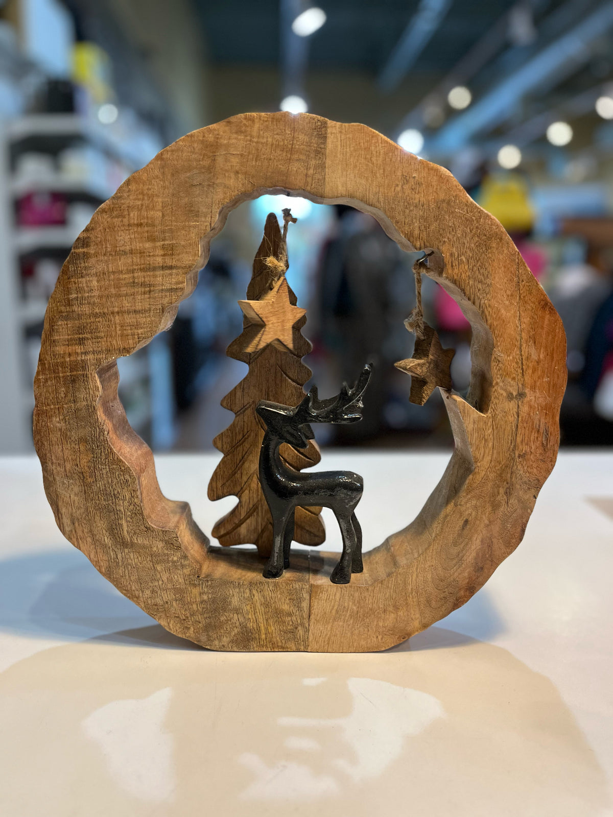 NWT Wood & Metal Reindeer Holiday Scene Figurine