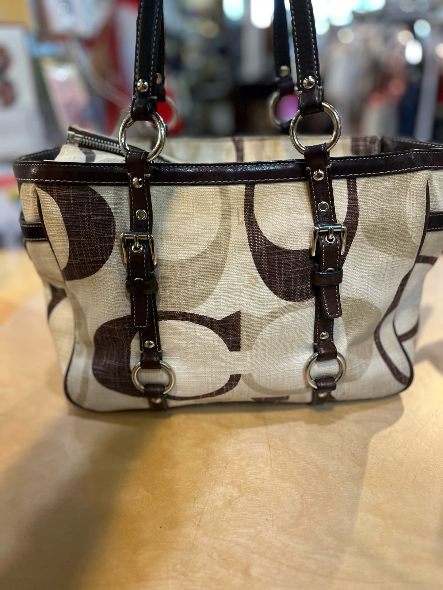 Coach Beige Signature “Gallery Tote” Handbag