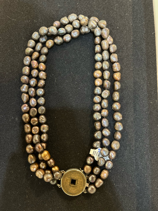 Brown Multi-strand Pearl & Chinese Coin Clasp Necklace