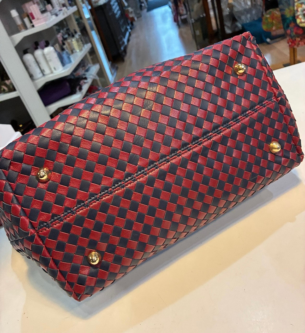 Vera Pelle Italian Leather Checkered Woven Handbag