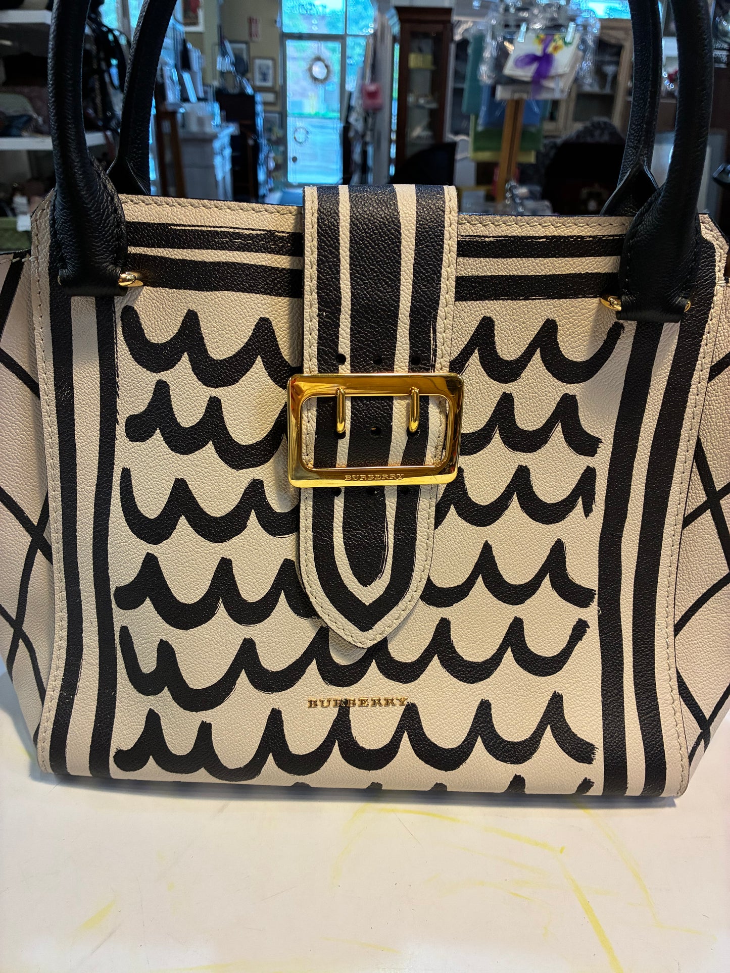 Burberry Calfskin L'oeil Print Medium Buckle Tote - Rare geometric pattern
