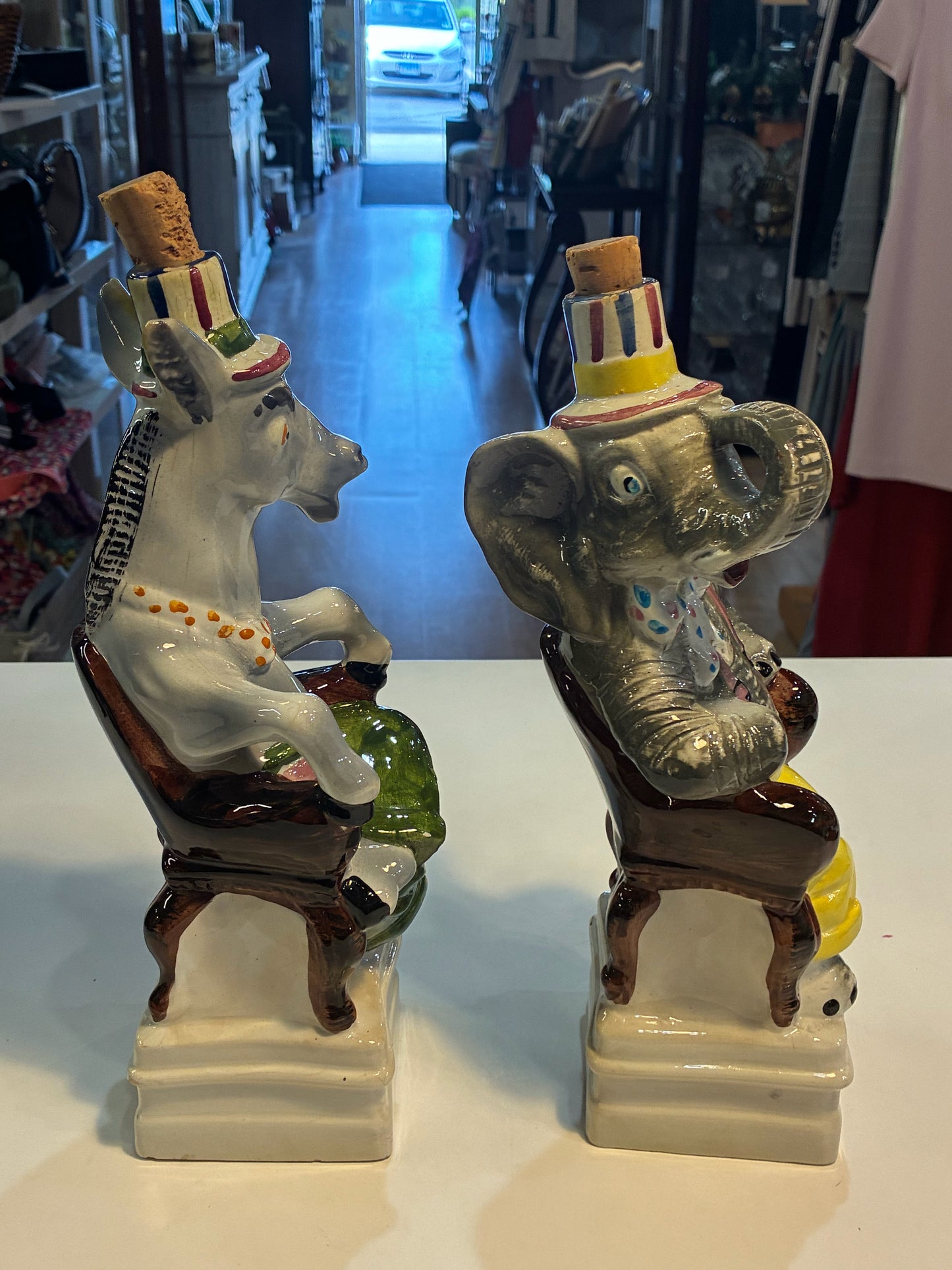 Vintage Italian Ceramic Donkey & Elephant Political Decanter Set