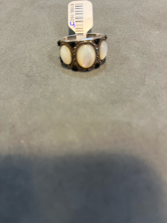 Art Deco Moon Stone, Black Onyx & Marcasite Sterling Silver Ring