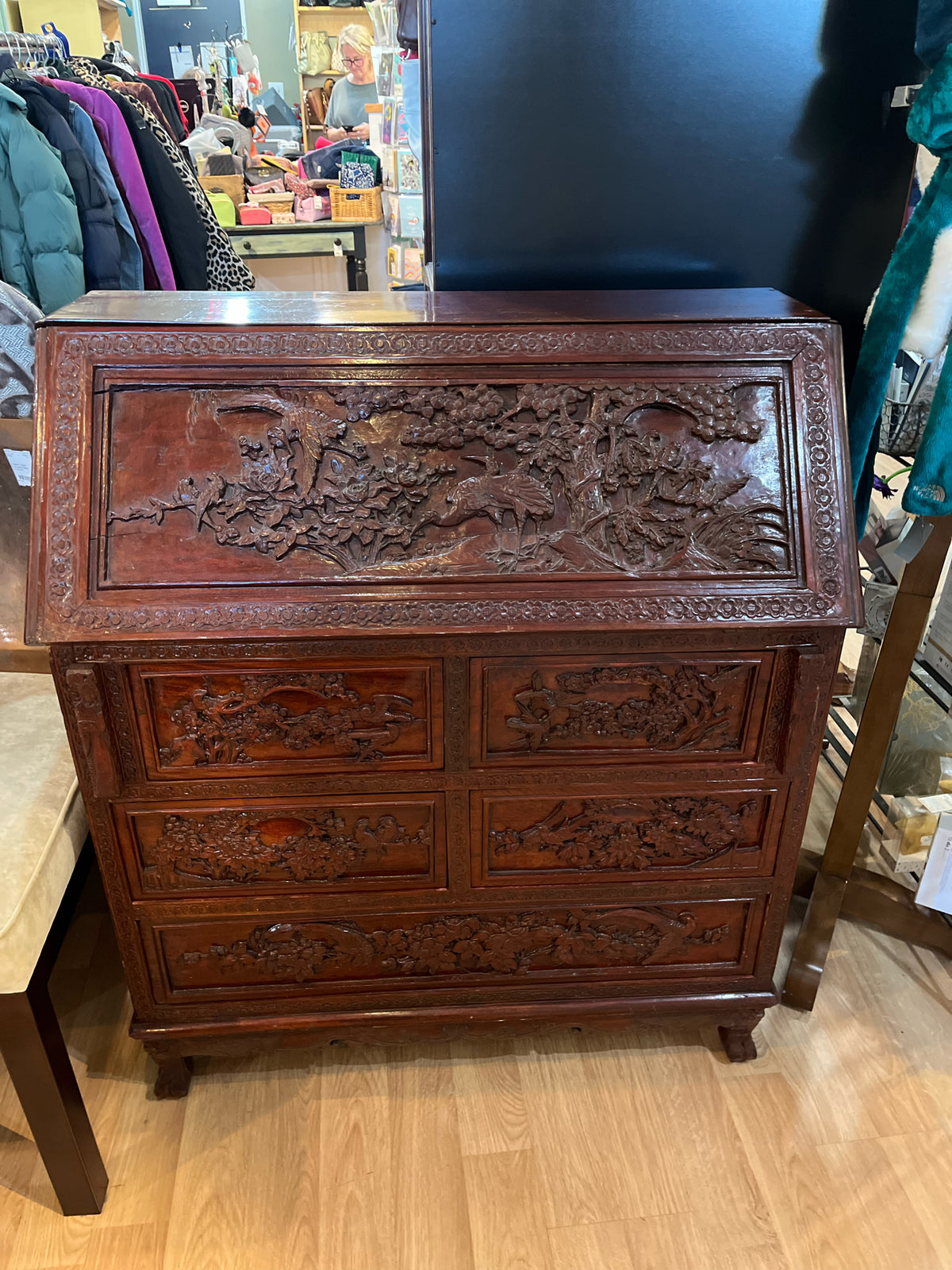 Ornate Asian Carved 5 Drawer Secretary PICKUP ONLY