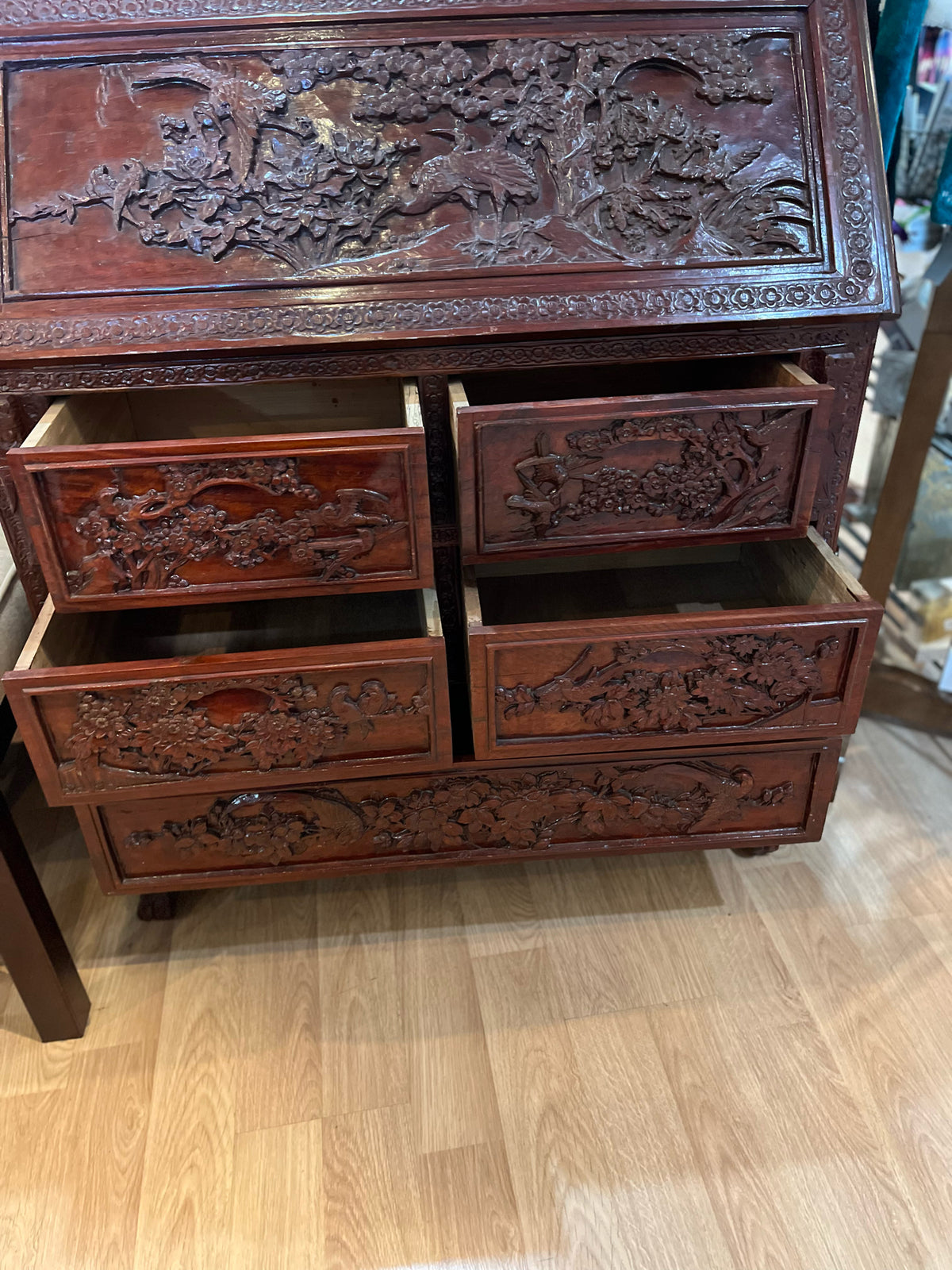 Ornate Asian Carved 5 Drawer Secretary PICKUP ONLY