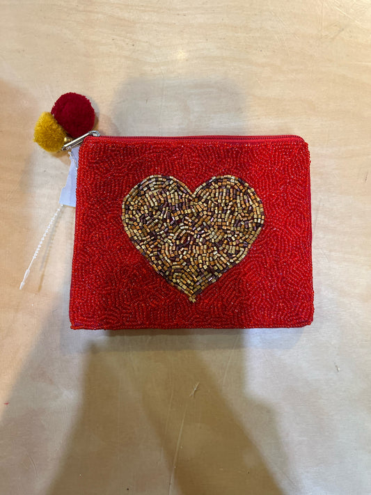 Red and Gold Heart Beaded Coin Purse