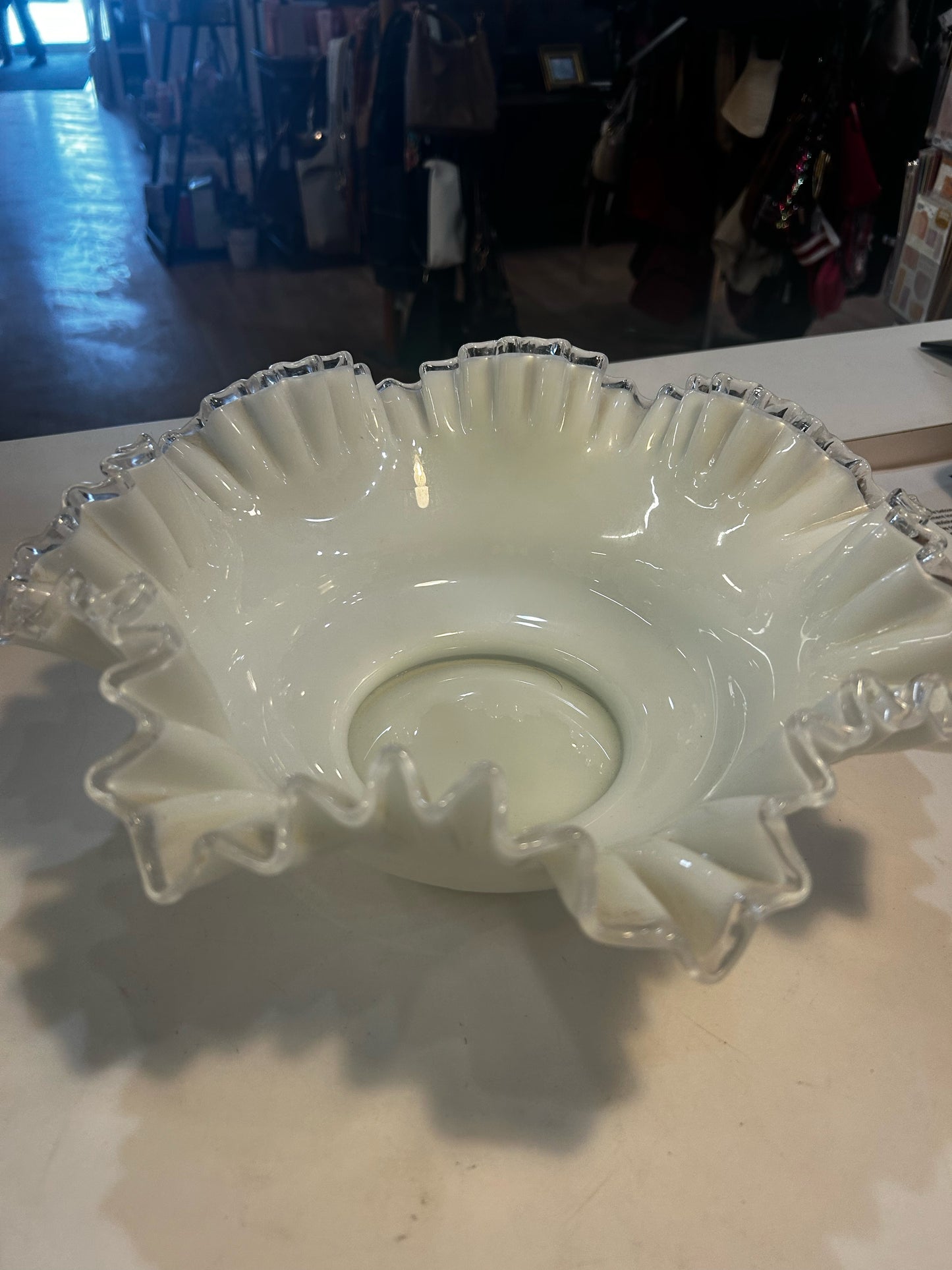 Fenton White Milk Glass Ruffled Edge Bowl