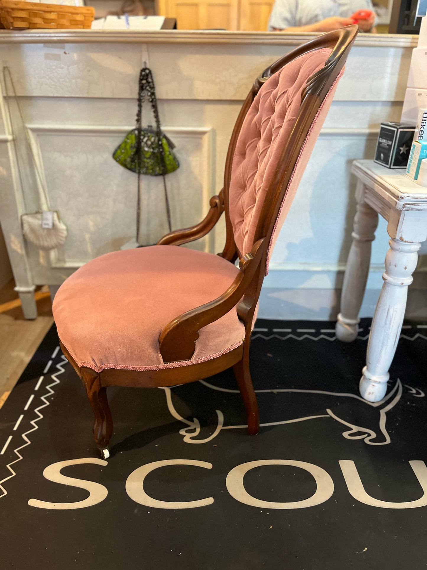 Pink & Walnut Victorian Balloon Accent Chair