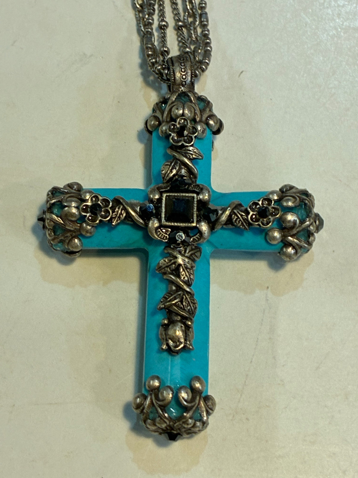 Ollipop Turquoise Colored Embellished Silver Tone Cross Necklace