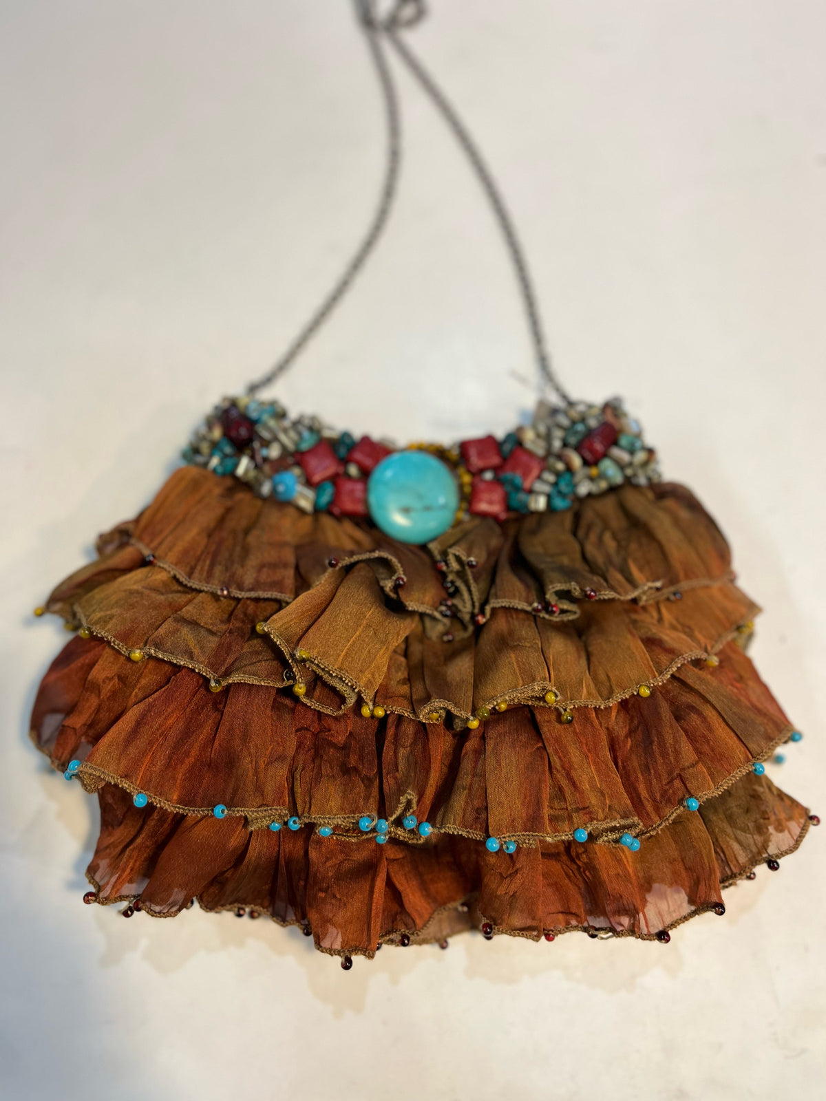 Mary Frances Beaded Ruffled Silk Chain Handle Handbag