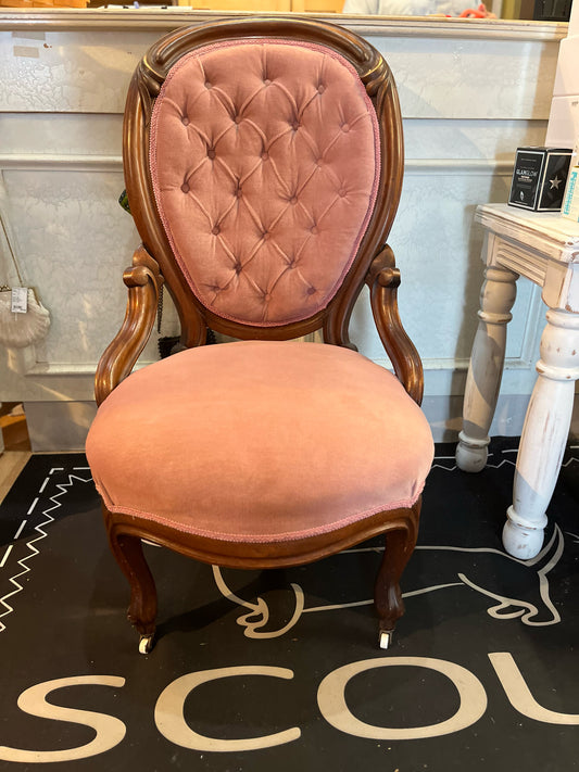 Pink & Walnut Victorian Balloon Accent Chair