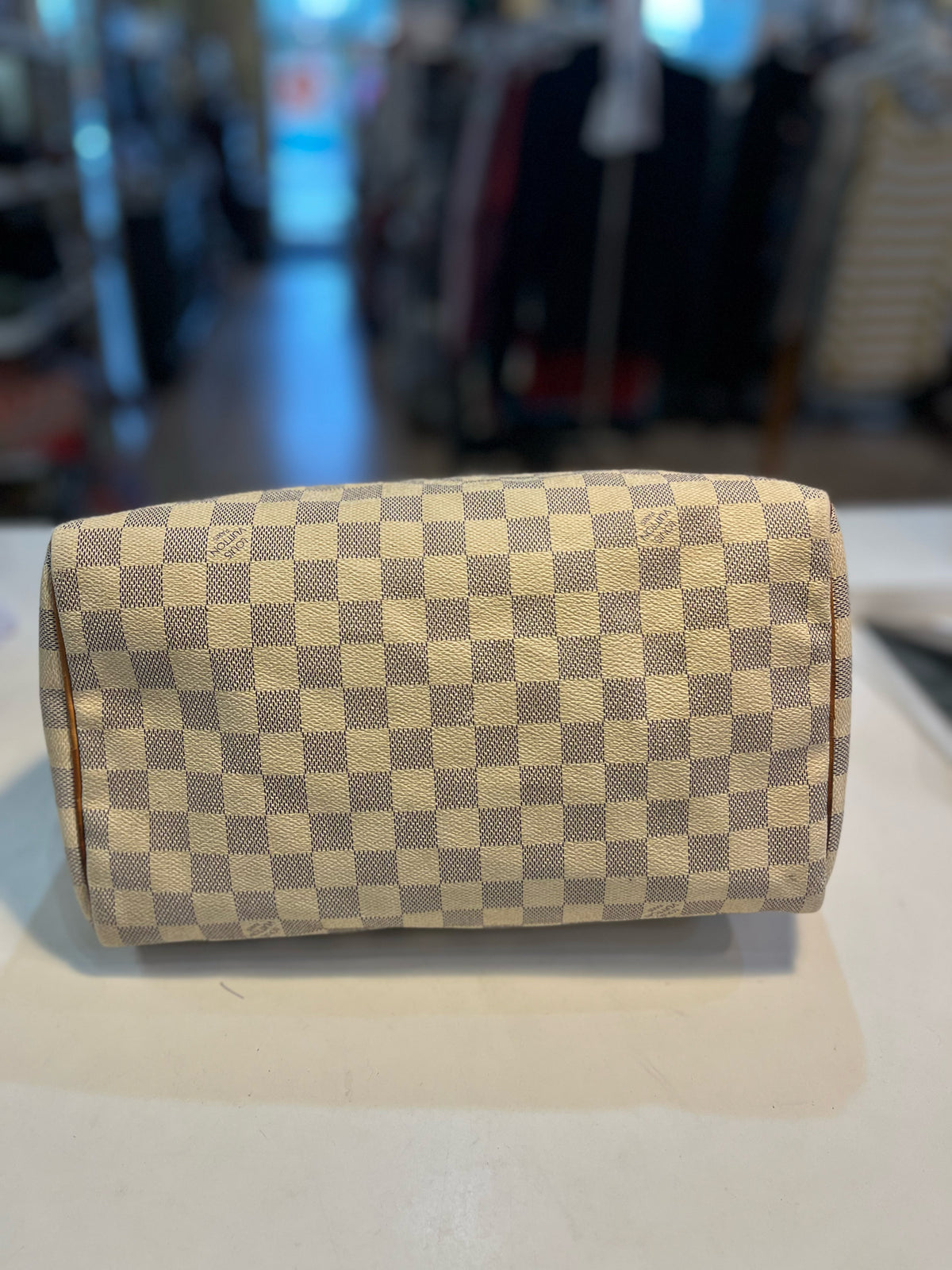 Louis Vuitton Cream Checkered Print "Damier Azure Speedy 30" Handbag