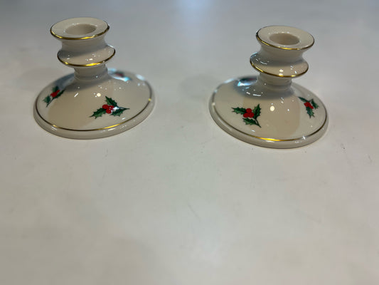Pickard China Christmas Holly Candlestick Holder Set