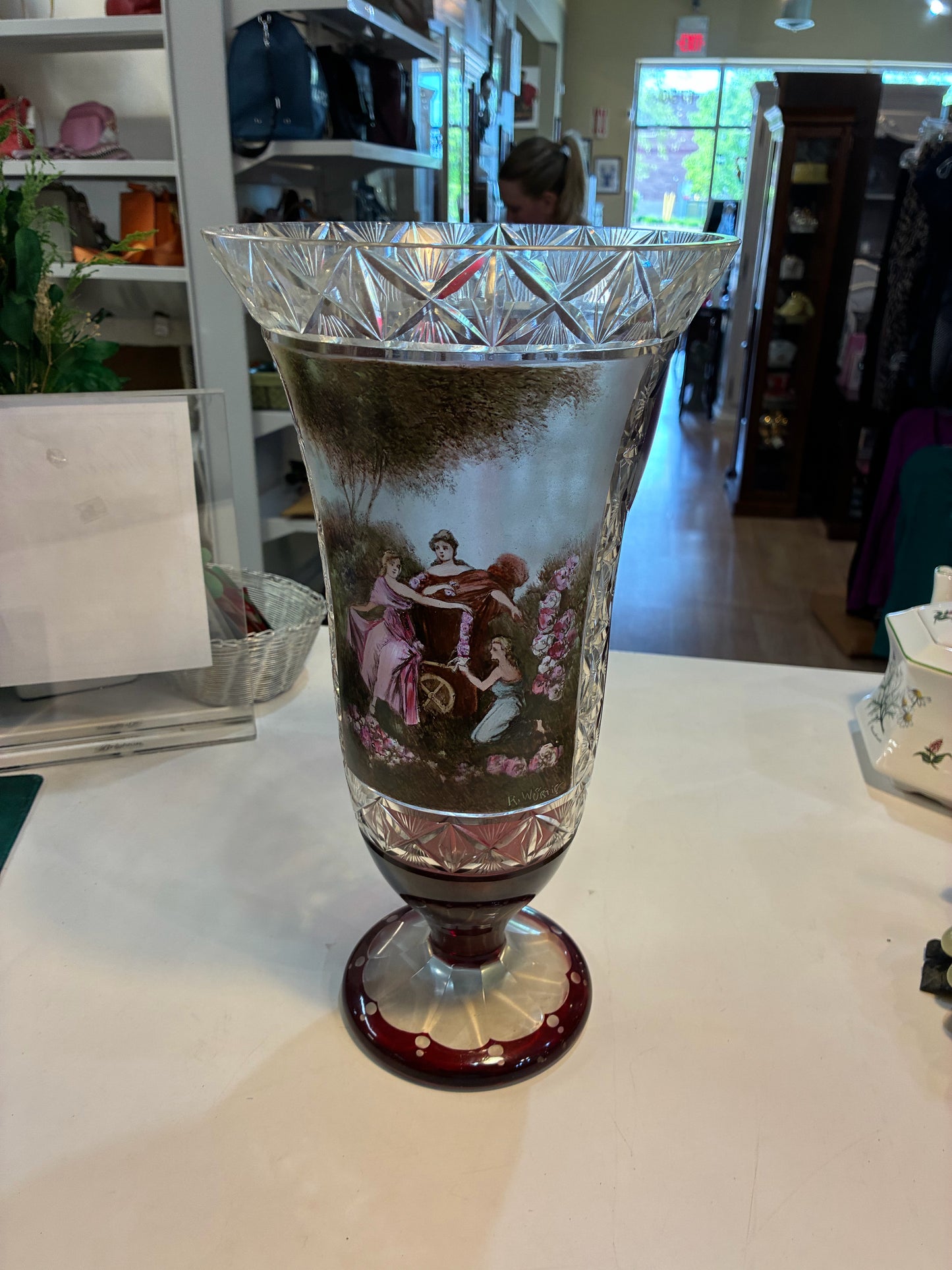 Vintage Hand Painted and Cut Czech Glass Vase, Signed