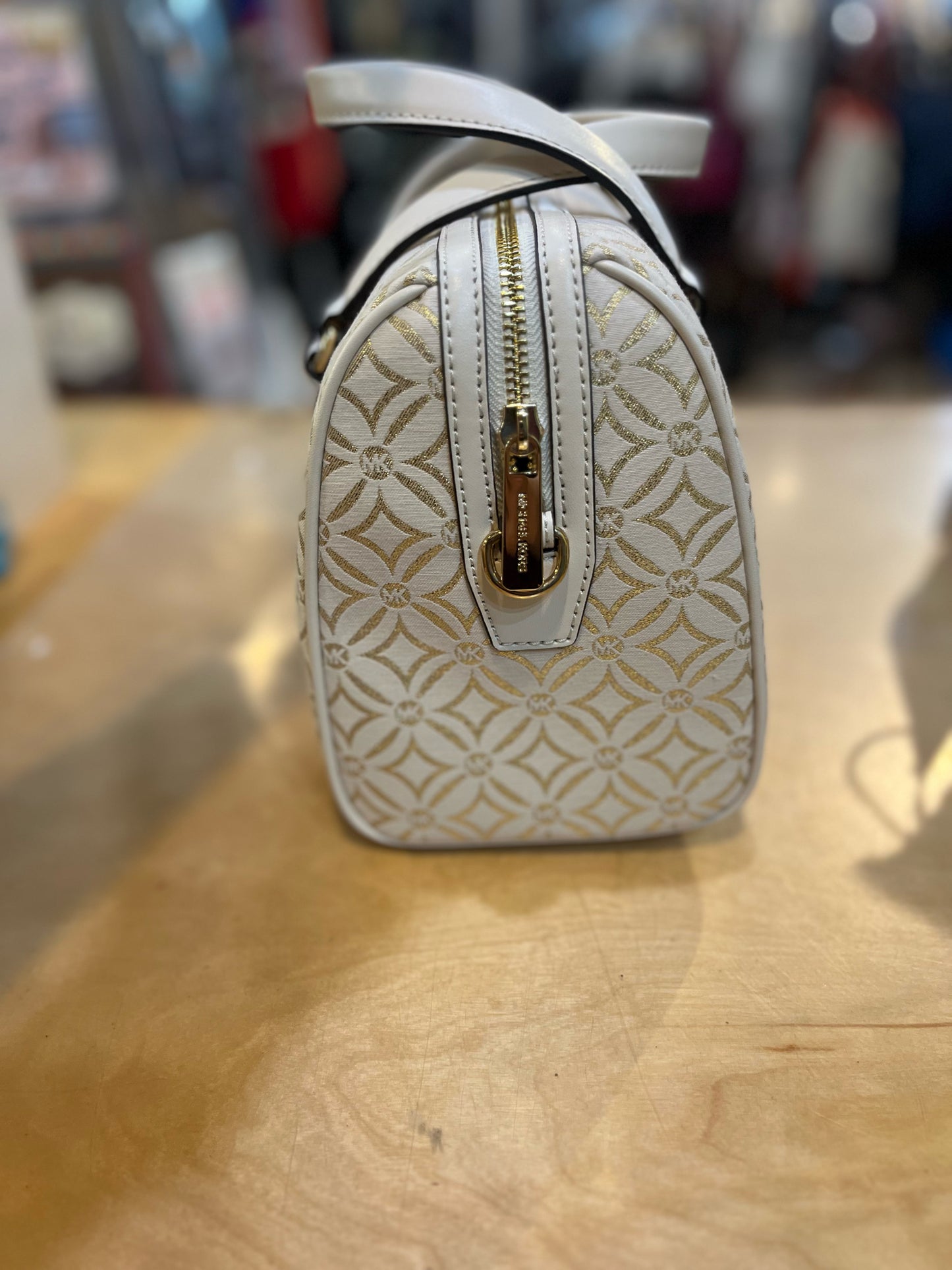NWT Michael Kors White & Gold Duffle Satchel Handbag