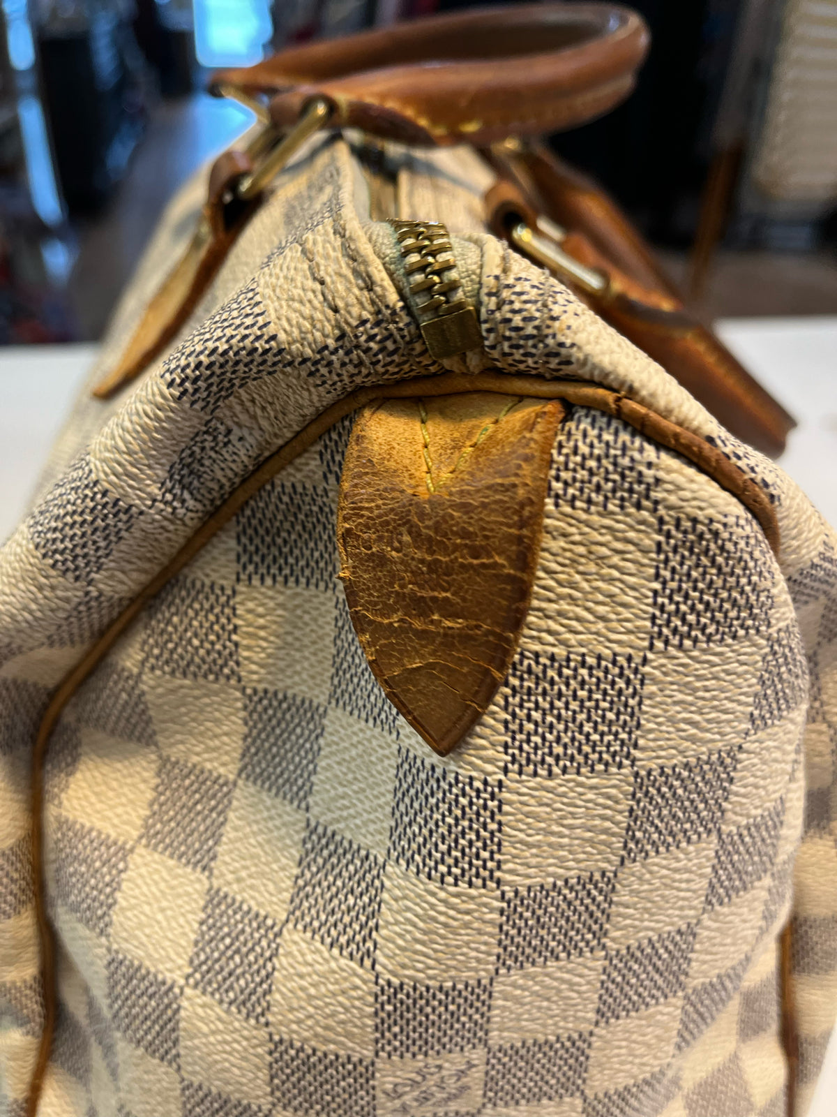 Louis Vuitton Cream Checkered Print "Damier Azure Speedy 30" Handbag