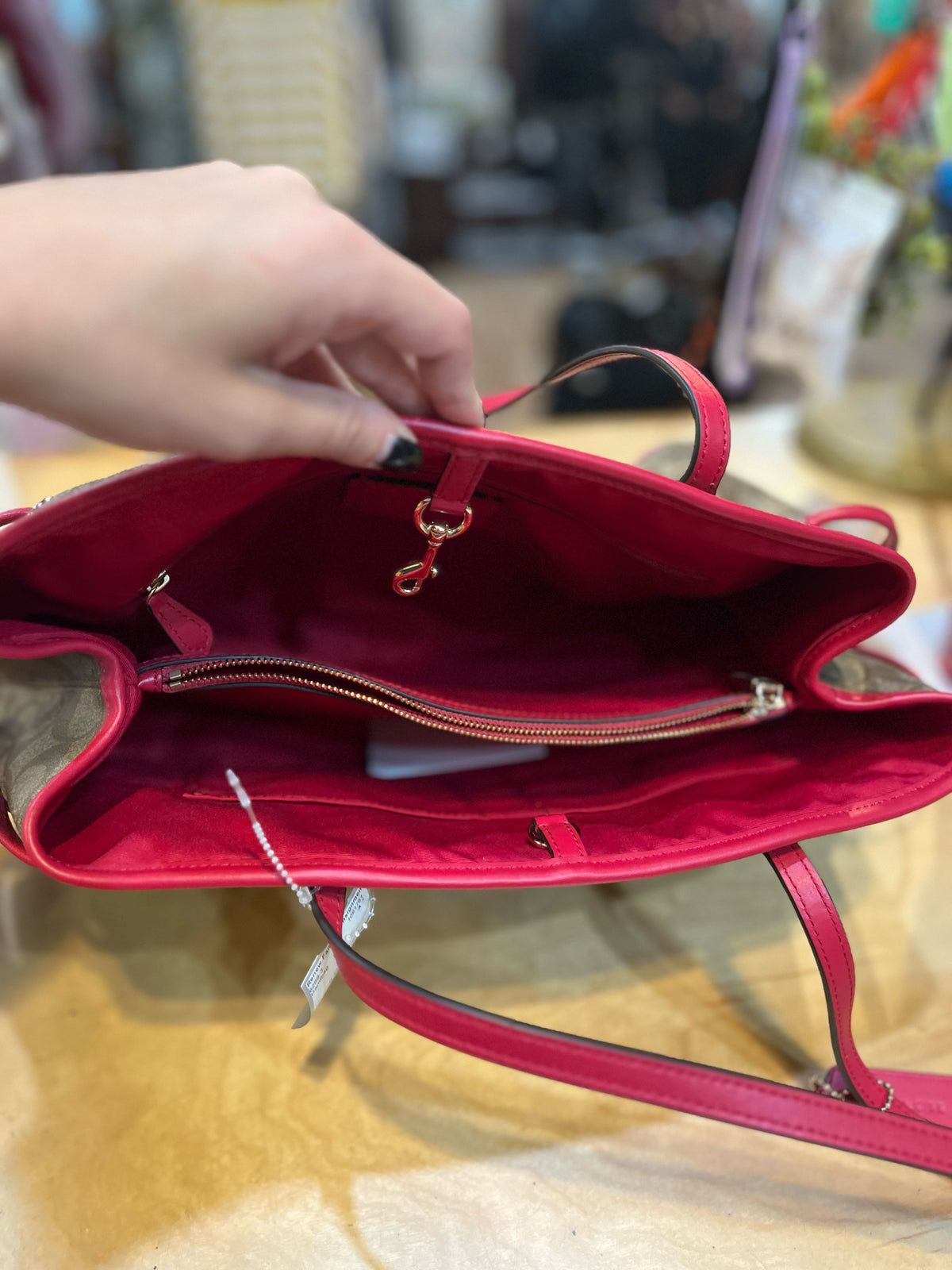 Coach Brown Signature & Magenta Accent Drawstring Carryall Handbag