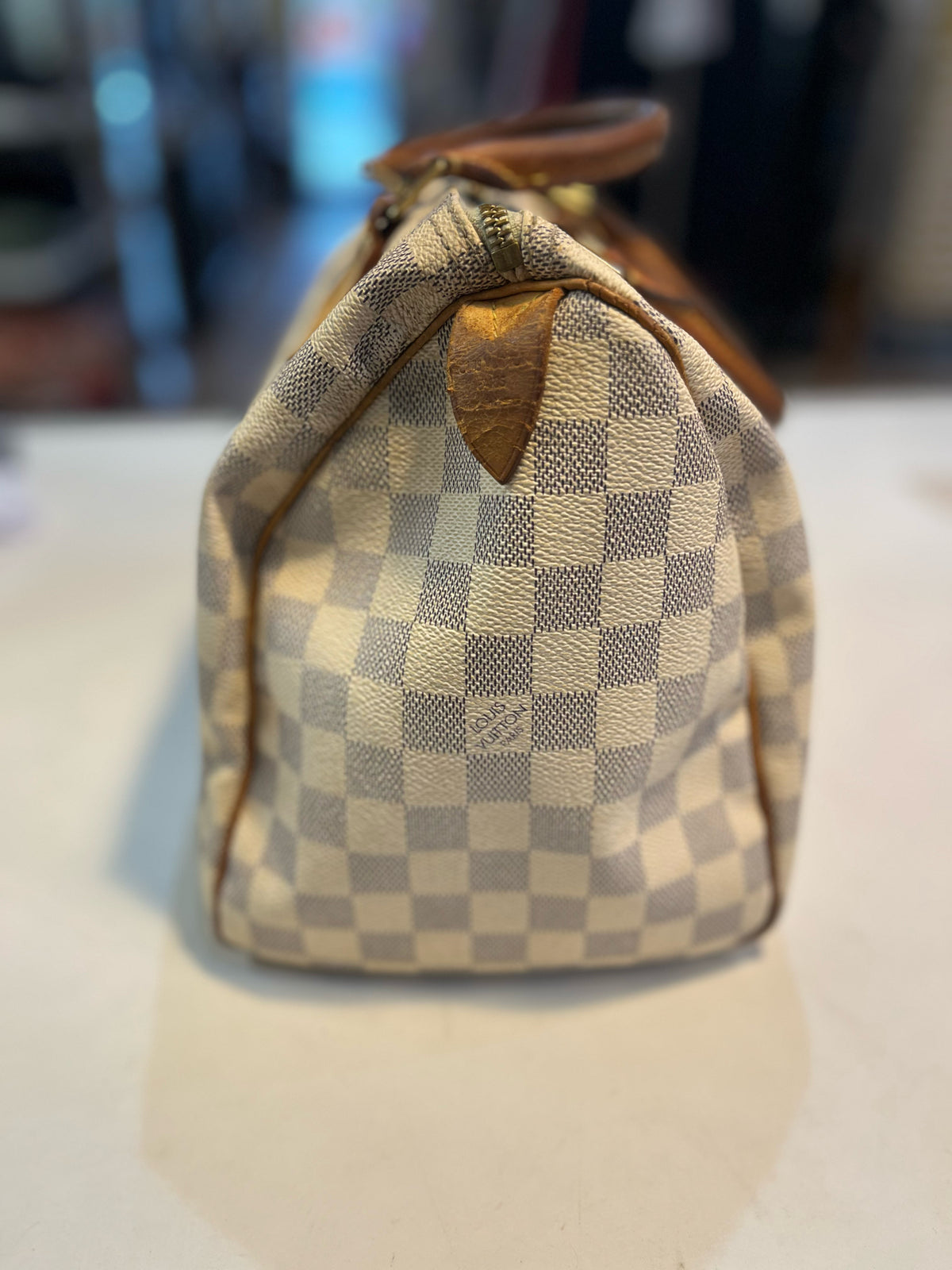 Louis Vuitton Cream Checkered Print "Damier Azure Speedy 30" Handbag