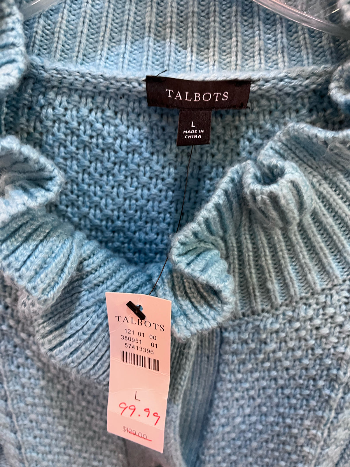 TALBOTS Teal Cardigan with Ruffle Neck Rhinestone Buttons
