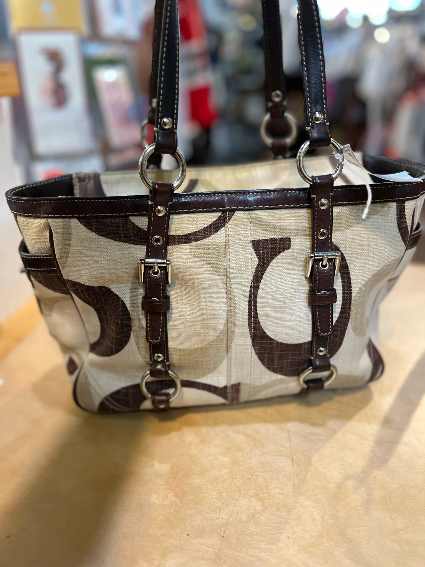 Coach Beige Signature “Gallery Tote” Handbag