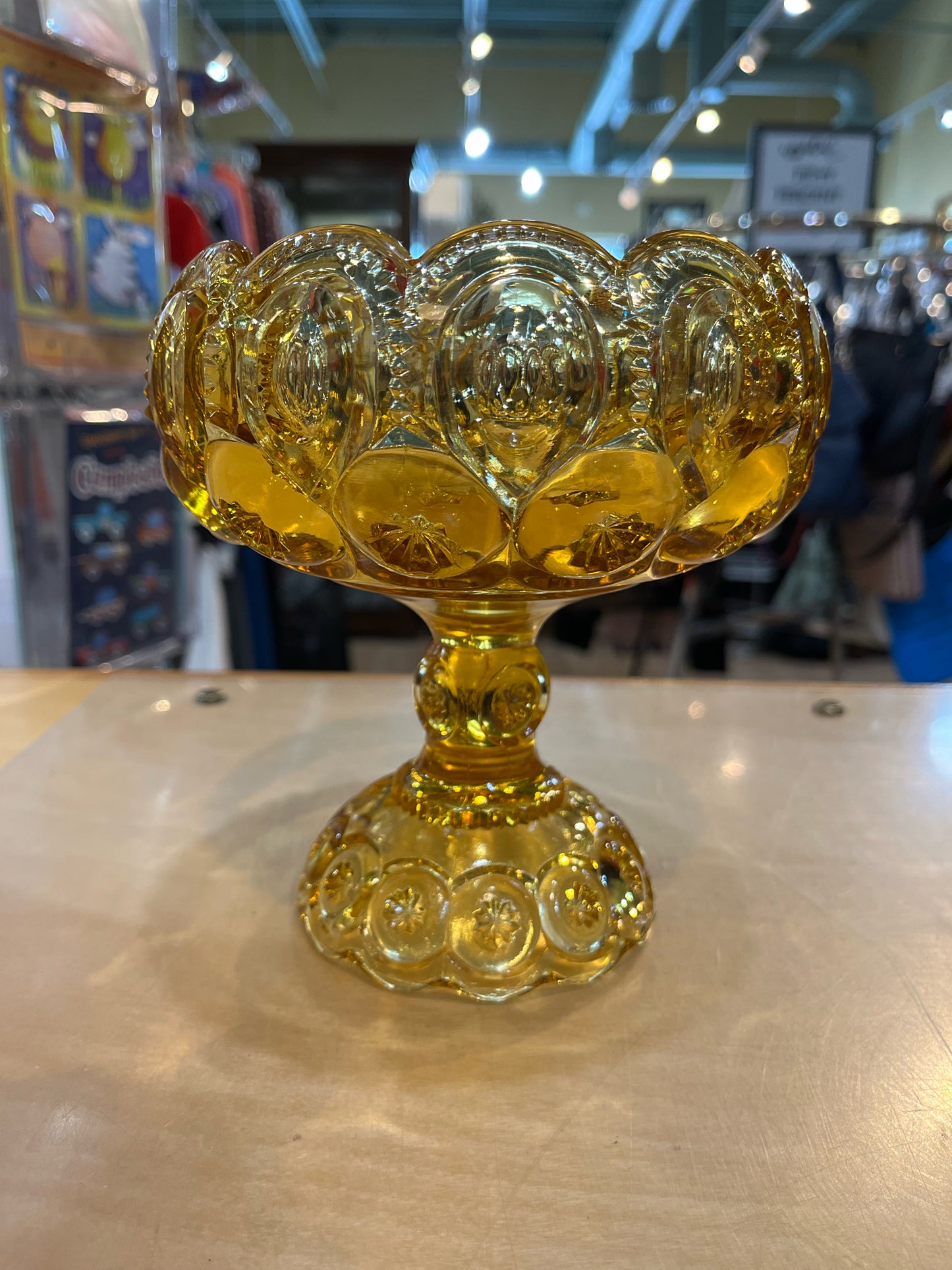 L.E. Smith Amber "Moon & Stars" Pedestal Bowl