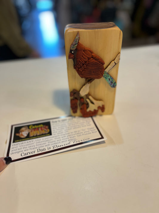 Carver Dan's "Cardinal w/ abalone inlay" Carved Puzzle Box