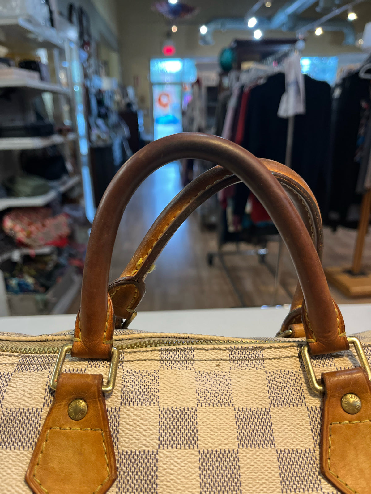 Louis Vuitton Cream Checkered Print "Damier Azure Speedy 30" Handbag