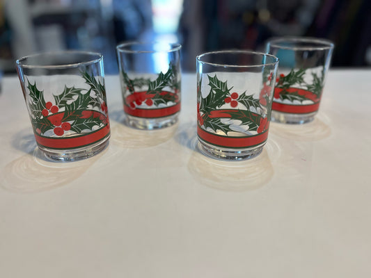 Vintage Libbey & Holly Set of 4 Mistletoe Christmas Short Glasses