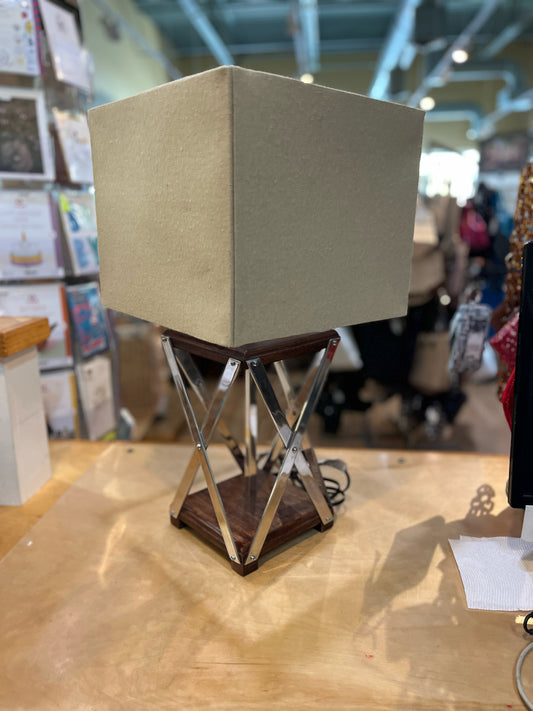 Silver & Wood Base Square Lamp