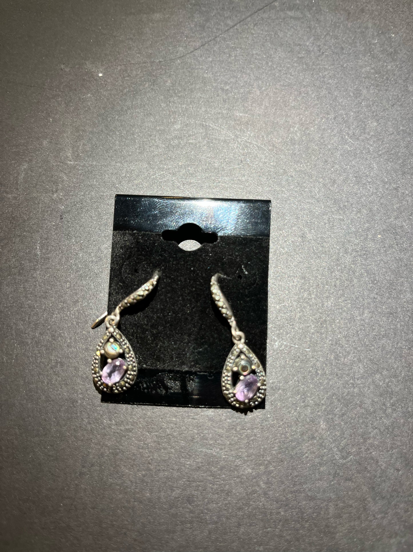 Sterling Silver , Marcasite, Amethyst, & Abalone Earrings