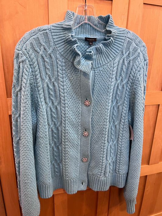 TALBOTS Teal Cardigan with Ruffle Neck Rhinestone Buttons