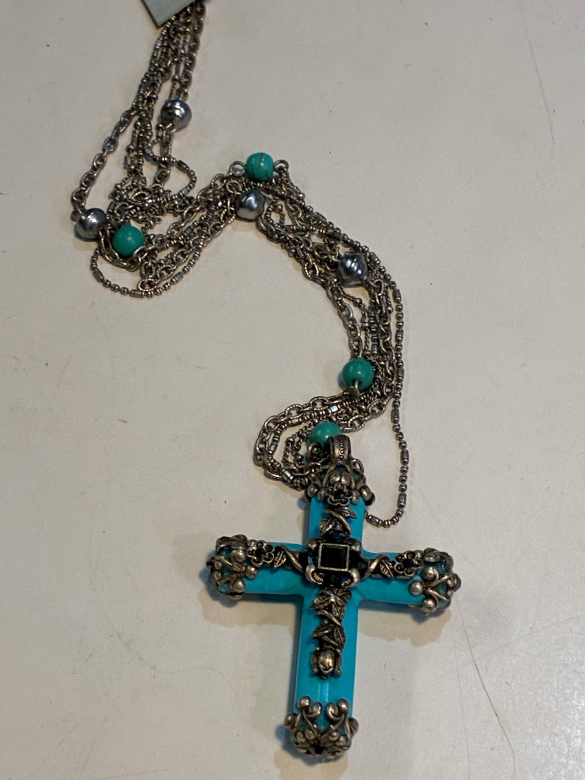 Ollipop Turquoise Colored Embellished Silver Tone Cross Necklace